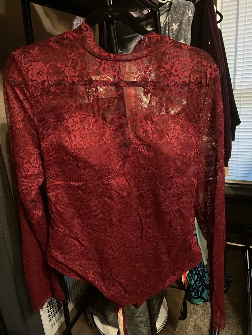 Long-Sleeve Sheer Lace Bodysuit in Dark Red